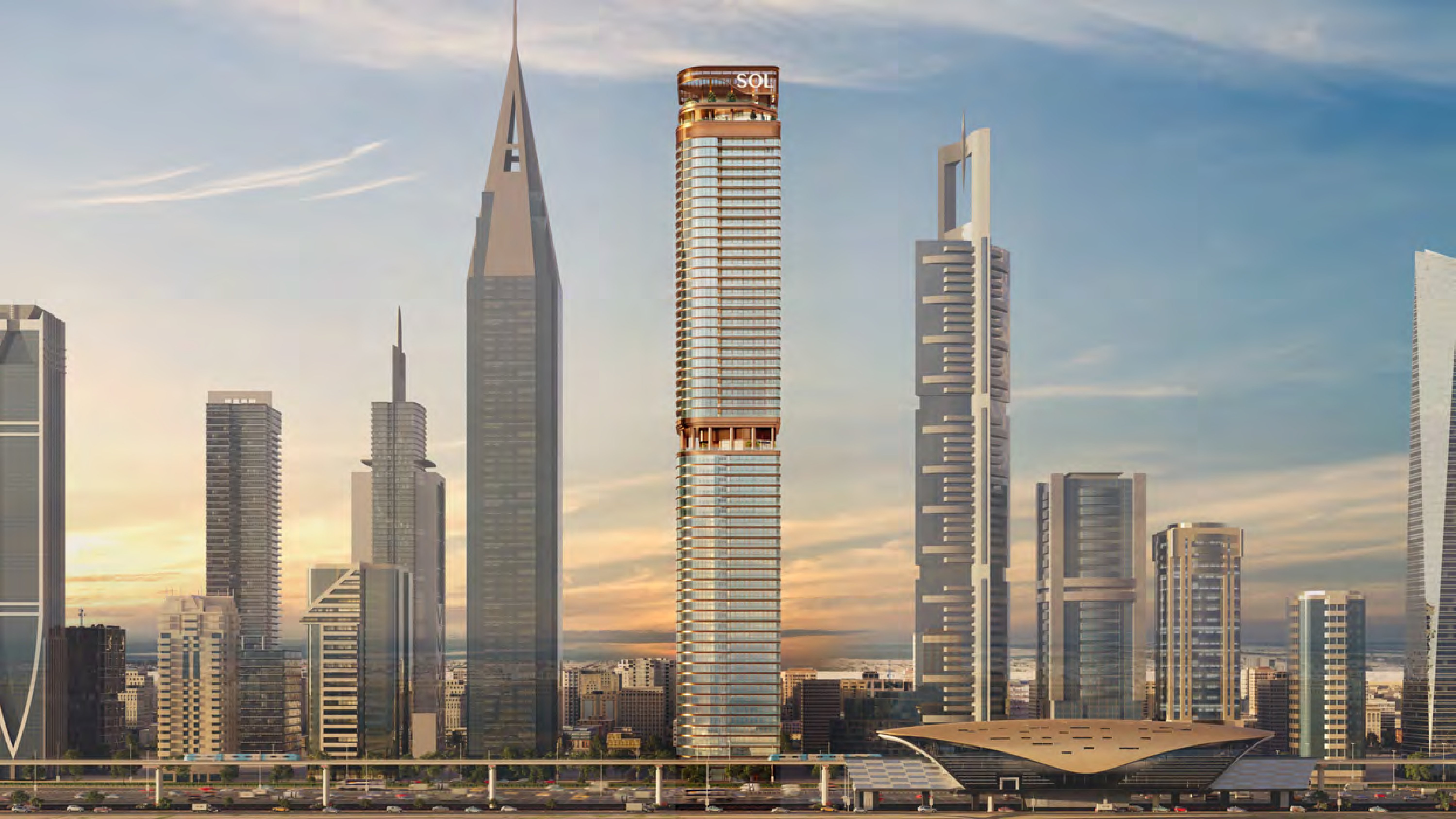 Sol Luxe among the towers of Sheikh Zayed Road at sunset