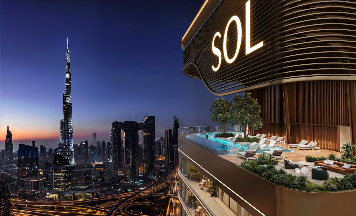 Lit SOL crown and terrace pool at night, Burj Khalifa beyond