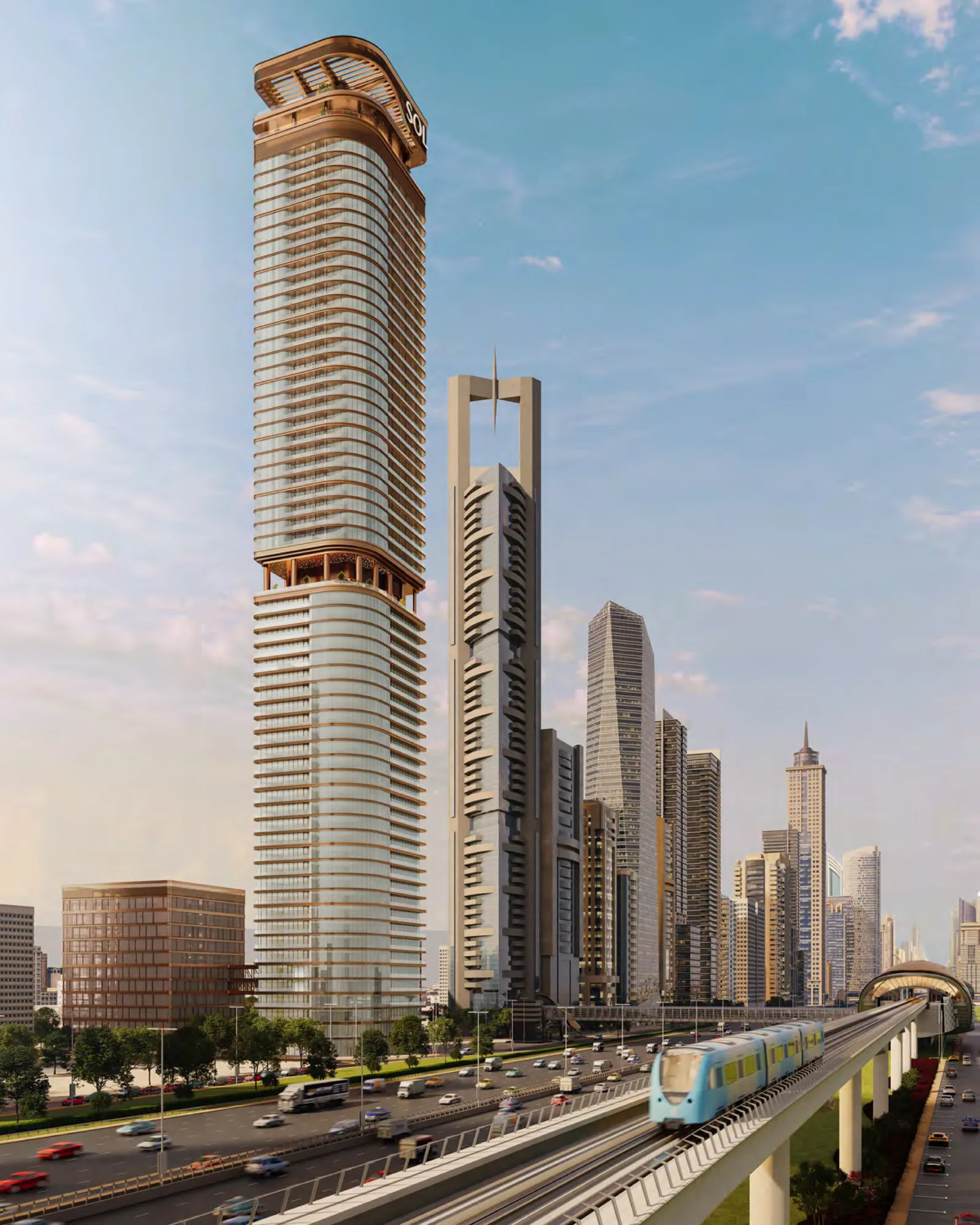 The tower rising beside Sheikh Zayed Road, with the metro passing below